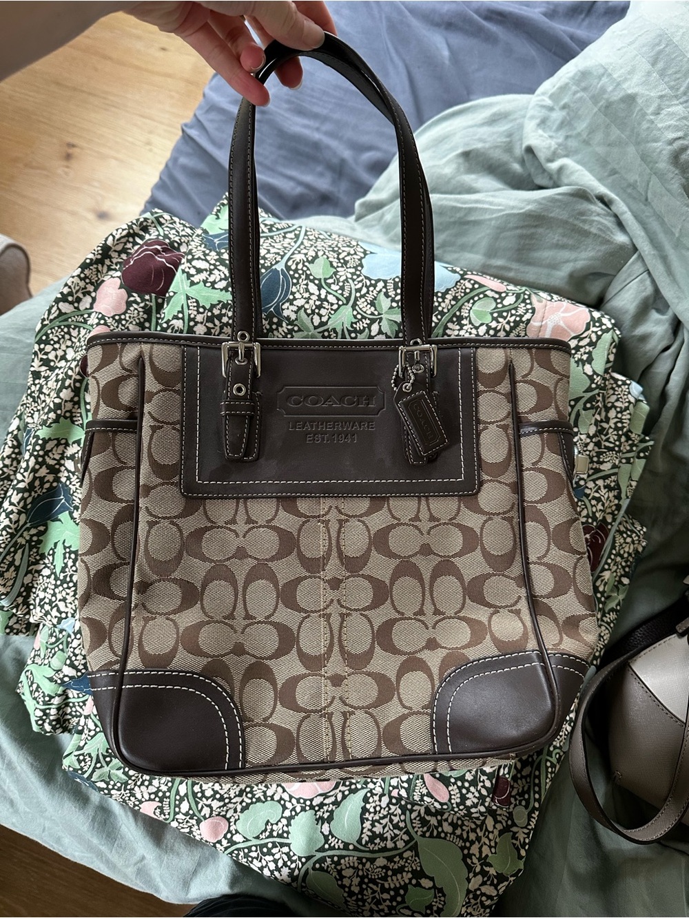 Coach Signature Canvas Shoulder Tote in Brown and Tan